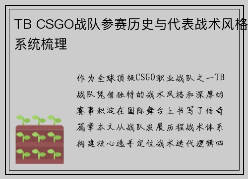 TB CSGO战队参赛历史与代表战术风格系统梳理
