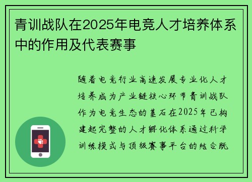 青训战队在2025年电竞人才培养体系中的作用及代表赛事