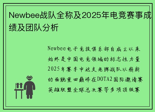 Newbee战队全称及2025年电竞赛事成绩及团队分析